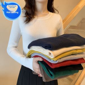 Autumn Winter plus Size Long Sleeve Low round Neck Pullover Sweater Women Slim Fit Base Shirt Pure Color Knitted Sweater Thread Shirt