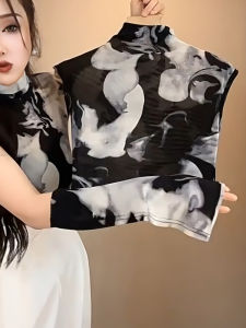 Fashionable Stylish Blooming Printed Mesh Half Turtleneck Sleeveless T-Shirt Womens Summer Thin Silm Elegant Ice Silk Top