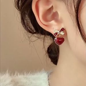 good 999 18K GOLD Fashionable Bow red heart temperament Earrings ES69618