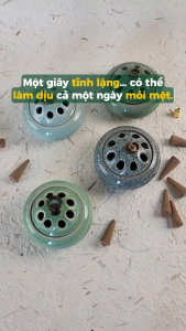 Lư Xông Nụ Trầm Gốm Sứ Nắp Đồng Hoa Văn - Dùng Đốt Nụ Trầm Nụ Thảo Mộc Thuần Việt
