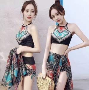 Sét đồ bơi nữ 2 mảnh kèm khăn cuốn áo yếm phối quần đùi thổ cẩm đi bơi biển đẹp áo tắm bikini SG