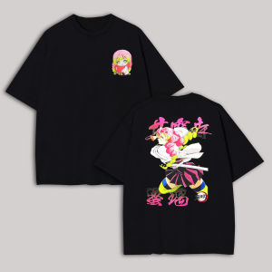 Bandai | Mens Demon Slayer T-Shirt Kanroji Mitsuri Pink Anime Graphic Black Cotton Short Sleeve Casual Tee for Otaku Daily Wear