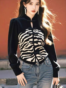 Zebra Pattern Velvet Long Sleeve Womens Shirt Autumn Winter Luxury Fashion Buttoned New Chinese Style Top Korean Version Slim Fit