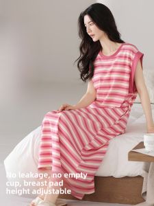 Miiow | Pure Cotton Striped Sleep Dress For Women Cat Person Summer New Style Vest Home Clothes Can Be Worn Outside With Chest Pad