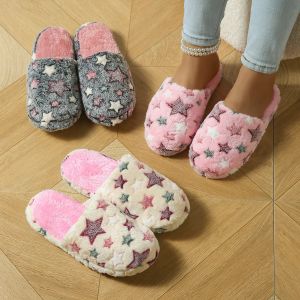 Five-pointed Stars Home Soft Soled Slippers For Women Men Winter Comfortable Warm Bedroom Slides Couple Cute Plush Flat Shoes