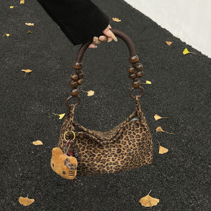 Unique Design Canvas Bag Womens 2025 New Autumn Winter Leopard Print Underarm Bag Korean Style Beaded Handbag Trendy Youth