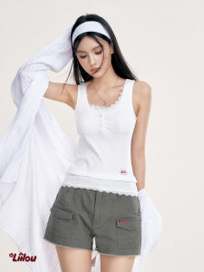 Liilou 24ss Balletcore Lace Splice Wave Ruffle Fake Two-Piece Vest Womens Commute Style Slim Fit Short Length Solid Color