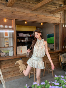 G Style Summer 2025 Floral Print Halter Neck Dress Womens Beach Vacation Small Size Beautiful Polyester A-Line Skirt