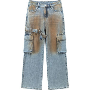 Chuu | Multi-Pocket Tye-Dye Vintage Distressed Jeans Low Waist Straight Leg