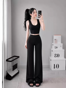 Set áo croptop cổ tim sát nách kèm quần dài ống rộng KVYBODY S78 chất thun cotton borip lụa dày mịn co giãn