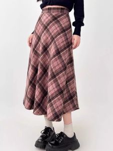 Váy Midi Kẻ Caro Cạp Cao Thường Ngày Cho Nữ Váy Midi Dáng Ống Côn Bằng Vải Len Cỡ Lớn Phong Cách Mỹ Cổ Điển Mùa Xuân Thu
