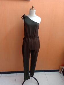 jumpsuit wanita panjang S M cewek hijau tua one shoulder pinggang karet cute pita santai