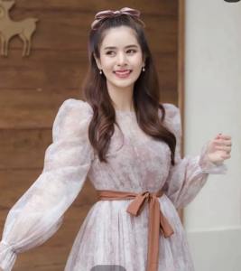 Long Puff Sleeve Crew Neck Tie Waist Mesh Print Midi Dress - PIMNADACLOSET - P003-002