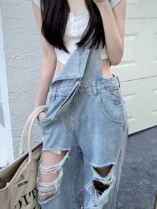 High Waist Denim Overalls Womens New 2025 Hole Design Slimming Loose Long Pants Versatile Strap Pants Thinming Youthful