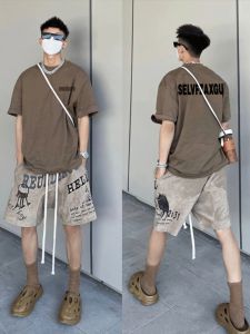 Casual Cotton T-Shirt Mens Short Sleeve Half Sleeve Summer Street Style Heavy Beige Letter Print Loose Fit Youth Fashion