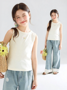 MUCMUKN | Cooling Antibacterial Cotton Colored Flower Embroidery Girls Vest Tshirt
