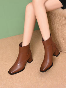 Fashionable Short Boots Womens Chunky mid Heel Single Boot Square Head Ankle Boots High Heel Womens Shoes Autumn Winter Stylish Shoes