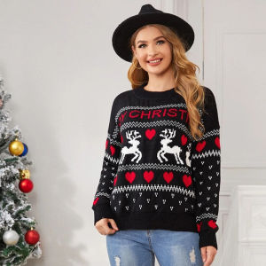 Christmas Long Sleeve Sweater Female Deer Pattern Knitted Sweater Fashionable Winter Clothing Butterfly Knot Detail Other Material