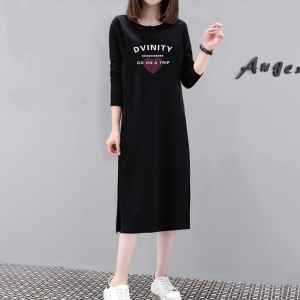 Pure Cotton Elegant 100.00kg Plus Size Plus Size Ladies Long Sleeve T-shirt Dress Early Autumn Womens New Slim Looking Belly Covering Dress