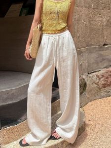 Ladies Casual Wide Leg Pants White Linen Ice Silk Loose Fit High Waist Comfortable Breathable Summer Fashion Casual Trousers