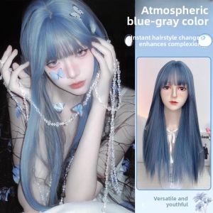 MONLEYTA | Womens Long Straight Hair Wig Thin Summer Style Airy Bangs Lolita Round Face Sweet Natural Full Head Popular JK