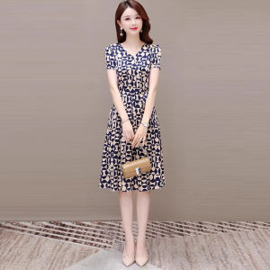 MAIMEI | Ice Silk Cheongsam Dress Womens Summer New Style High Waist A-Line Skirt Short Sleeve V-Neck Zipper Closure Luxury Sensation