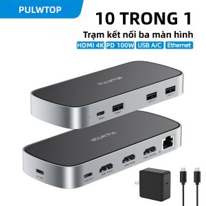 PULWTOP USB C Docking Station Màn Hình Kép 3 HDMI Ethernet 10Gbps USB C/A PD 60W Adapter Đi Kèm Cho MacBook Windows