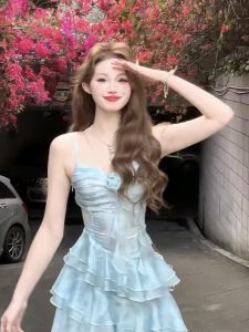 Summer Pure Desire Sweet Beach Vacation Style Irregular Halter Splice Lace Trim Dress Waist Cinched Fairy Skirt Single Piece