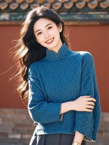 New Chinese Style Blue Knitted Shirt Stand Collar Button Design Sensation Small Audience Sweater Autumn Winter Fashion Design