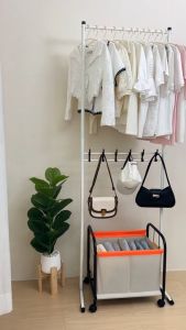 ราวตากผ้า ราวแขวนผ้า 3in1 ตะขอแขวนอเนกประสงค์ พร้อมรถเข็นเสริมตรงกลาง แขวนกระเป๋า หมวก ผ้าเช็ดตัว เก็บของได้จุใจ โครงเหล็กแข็งแรง พร้อมส่ง YG