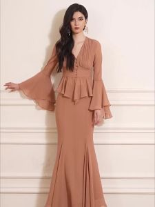 Vintage French Mocha Mousse Color Elegant Dresses