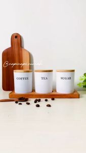 VIN - Tempat Kopi Teh Gula Bumbu 200 ml bahan Kaca Tutup Kayu - PUTIH