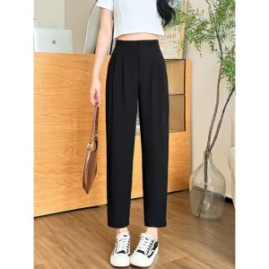 กางเกงสูทลำลองผู้หญิงไซส์เล็กฤดูร้อน 2025 กางเกงขายาวทรงตรงเอวสูง ความยาวครึ่งแข้ง เอวยางยืด กางเกงขายาวทรงตรง