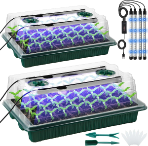 2 Packs Seed Starter Trays With High Dome Germination Kit - 80 Cells 4 LED Grow Lights Smart Timer & 3 Modes For Home Gardene
