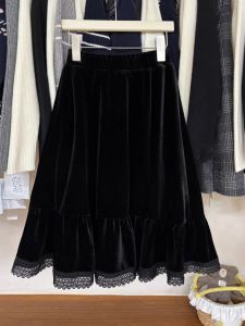 Sweet Versatile Black Velvet Long Skirt for Girls Korean Style Cake Skirt Mid-Length Half Body Skirt for Childrens Autumn Winter New Arrival