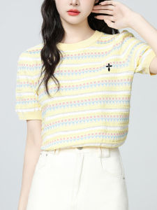 Yellow Striped Knit Short Sleeve Summer Design Sense Round Neck Straight Shoulder Short T-Shirt