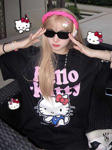 Dark Cute Hellokitty Short Sleeve T-Shirt Female 2024 New Arrival Summer Middle and High School Students Hello Kitty Tops