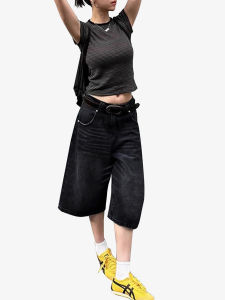 Loose Fit Straight Leg Jeans Shorts Womens Casual Pants Seven Inches Long Low Waist Zipper Closure Pocket Detail Fashion