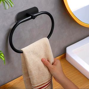 304Stainless Steel Towel Holder Self-adhesive Bathroom Towels Rack Black Washhand Hanger Ring Rail Bar Kitchen Storage Accessories