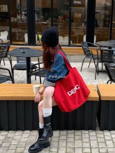 Large Capacity Canvas Shoulder Bag Korean Style Letter Print Casual Commuter Bag Versatile Denim Bag Lucky Store