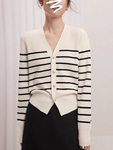 French Black White Striped V-Neck Knitted Open Cardigan Womens Autumn Winter Loose Lazy Slimming Sweater Coat Top