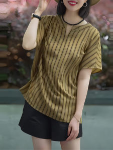 UYFY | Áo thun lụa Pháp cỡ lớn màu kaki kẻ sọc dọc cổ tròn rộng rãi đa năng cho nữ mùa hè phong cách công sở thường ngày