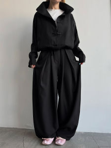 Retro Solid Womens 2026 Autumn New Chinese Stand-up Collar Drawstring Long-sleeved Jacket + High Waist Long Pants Two-piece Set