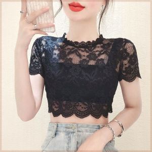 Womens Lace Crop Top Hollow out Short Sleeve Shirt Underwear for Strapless Dress Summer Fashion Slim Fit Long Sleeve Shirt