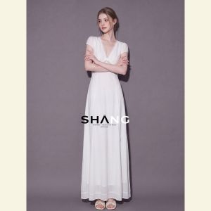 SHANGSHA | Elegant White Lace V-Neck Waist-Cinching Dress