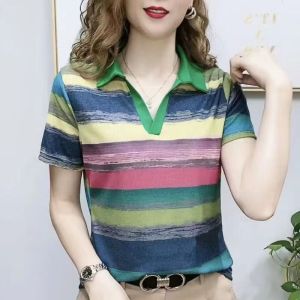 Áo Polo Ngắn Tay Có Ve Áo Dệt Kim Gân Nổi Tiếng Trên Internet Cho Nữ Áo Crop Top Cầu Vồng Mỏng Vừa Vặn Và Áo Thun Dệt Kim Cho Nữ Áo Cánh Mỏng Khoe Cổ