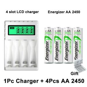 Pujimax 4 slot LCD smart battery charger with Energizer AA and AAA rechargeable batteries for fast charging