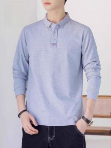 ROMON | Lormen Mens Long Sleeve Pure Cotton Polo Shirt Casual Flip Collar Top Breathable Comfortable Autumn New Style Basic Fit T-Shirt