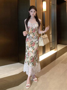 CHANGTONG | ชุดเดรสยาวคอวีแขนกุดผ้าลูกไม้พิมพ์ลายสไตล์ย้อนยุคสำหรับสาวน้อยเจ้าหญิงระดับไฮเอนด์ เอวสูง กระโปรงทรงเอเข้ารูป