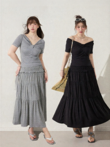 JULULOOK | Bộ Áo & Chân Váy Cổ V Kéo Nơ Giảm Cân cho Size Lớn